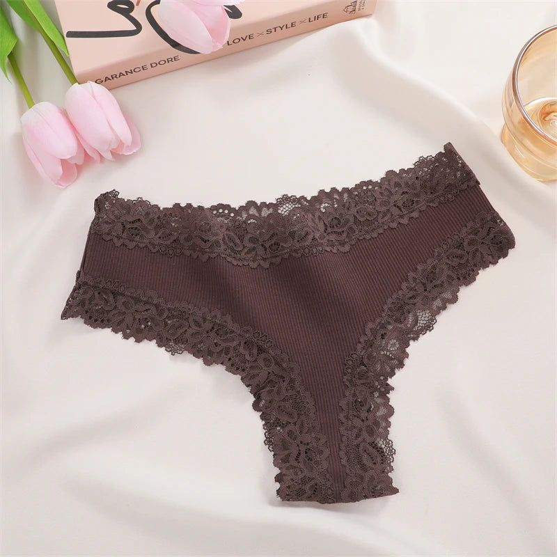 3Pcs Women Cotton Brazilian Pants Sexy Lace Brazilian Briefs Low Waist Floral Solid Color G-string Breathable Soft Lingerie