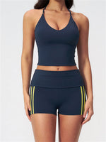 Color Blocked Yoga Suit 2 Pieces Women Slim Sports Tank Top High Waist Leggings Shorts Outfit Tight Outdoor Running Fitness Suit