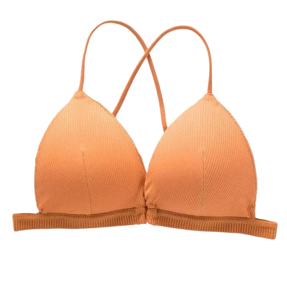 Women Simple Bra Triangle Cup Thin Straps Wrapping Chest Front Buckle Wireless Ribbed Bra Sexy Sports Cross Back Bra