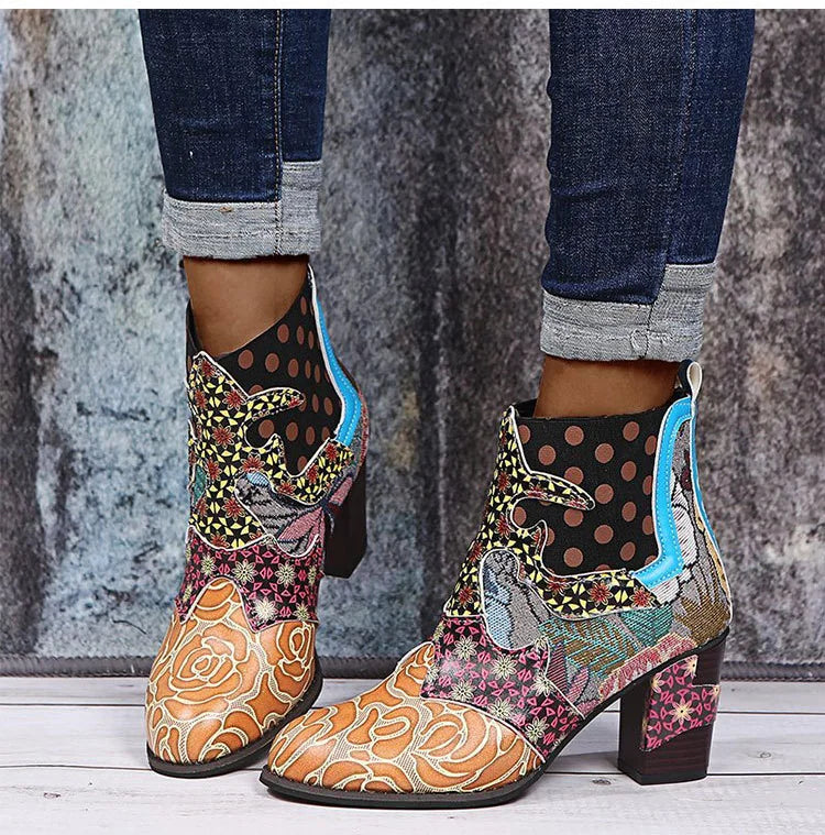 Ankle Boots Women Autumn PU Women's Shoes Ethnic Waterproof Casual Vintage Shoes Zipper High Heel Short Boots Botas Mujer