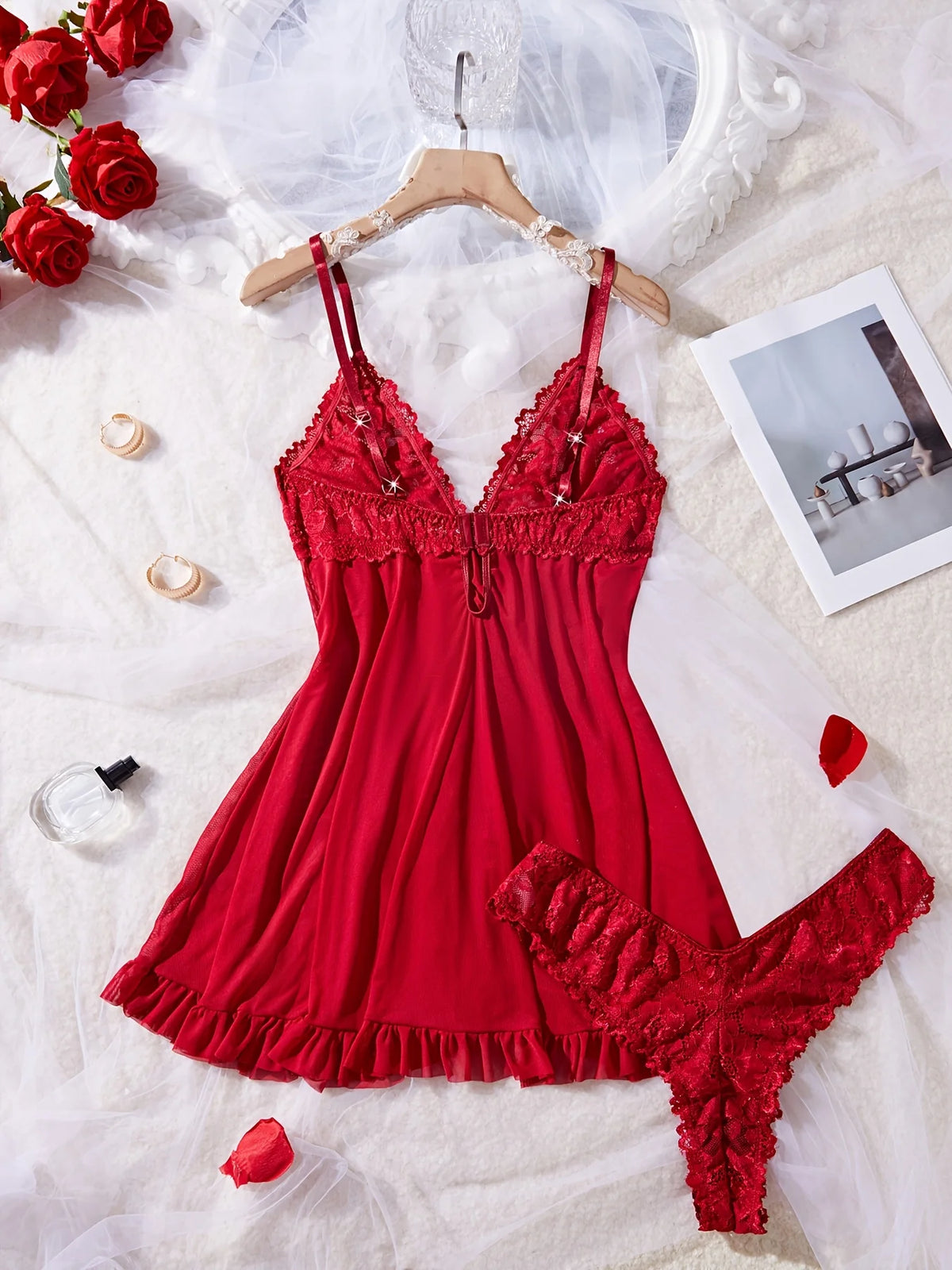 Sexy Lace Lingerie Set for Women, Red Hot Sleepwear Nightdress with Matching Panties, V-Neck Sheer Lace Camisole, Romantic Night