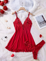 Sexy Lace Lingerie Set for Women, Red Hot Sleepwear Nightdress with Matching Panties, V-Neck Sheer Lace Camisole, Romantic Night