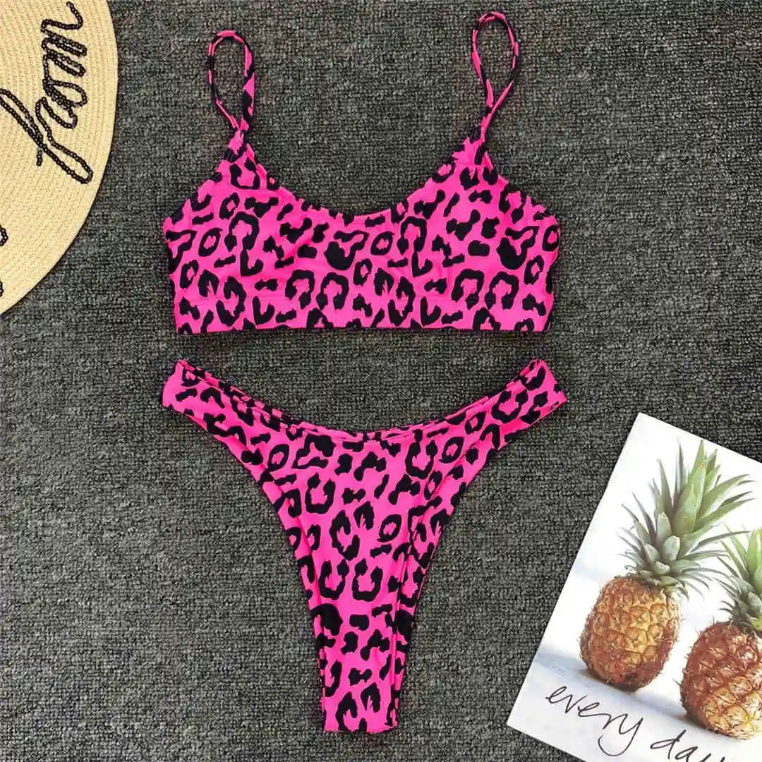 New S - XL Sexy Hot Pink Leopard Bikini Women Swimwear Female Swimsuit Two-piece Bikini set Bather Bathing Suit Swim Lady V871P