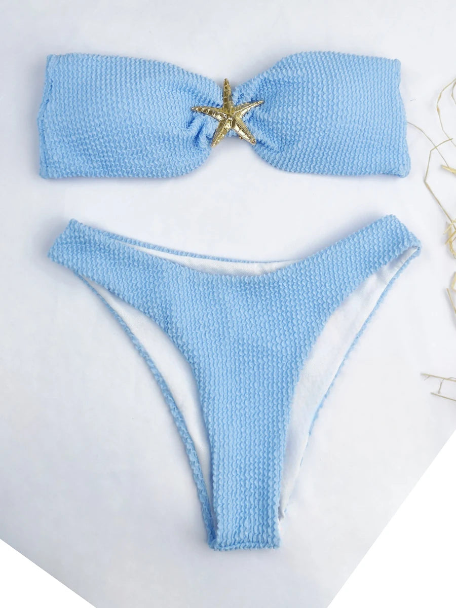 2026 Bandeau Bikinis Starfish Swimsuit Women Sexy Padded Swimwear Female Solid Beachwear Bathers Bathing Swimming Swim Suit