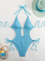 Sexy Halter V Neck Wrinkled Female Swimwear One Piece Swimsuit Women Backless Monokini High Leg Cut Bathing Suit Swim Beach Wear