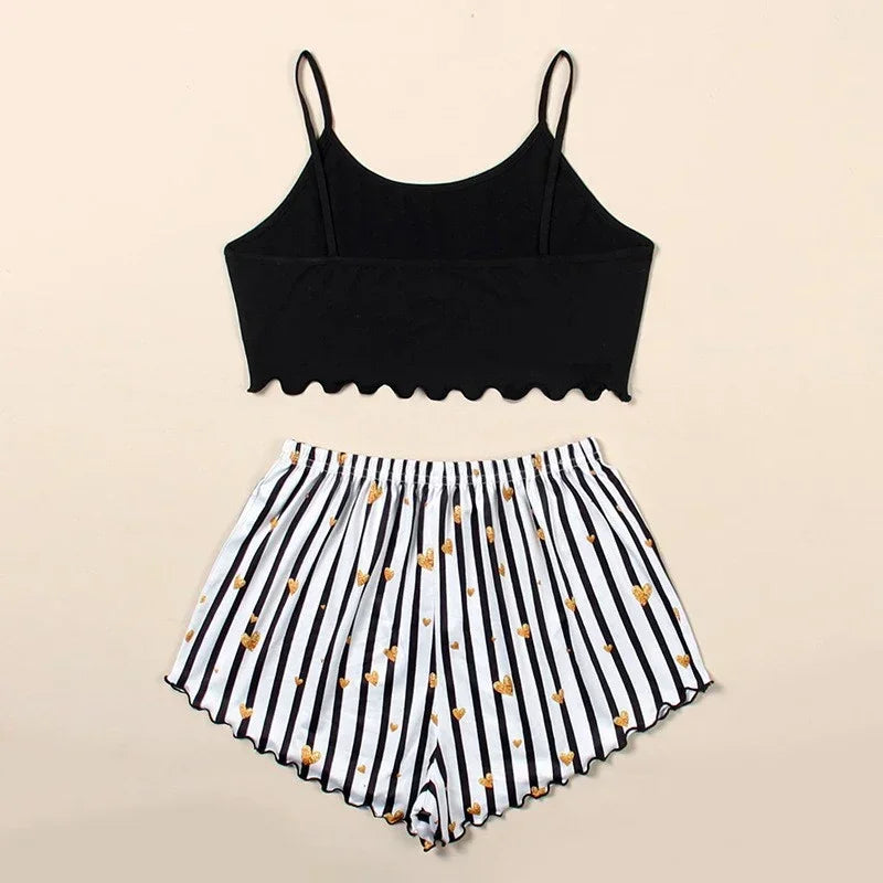 Summer Casual Pajamas Set for Women Sleepwear Sexy Lingerie Sleeveless Striped Tank Top Vest + Shorts Set Pijamas Homewear