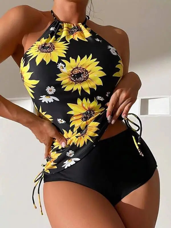 Women Sunflower Print Tankini Sets High Waist Bikini Two Pieces Swimsuit Swimwear Female Bathing Suit Beachwear Pool Swimming