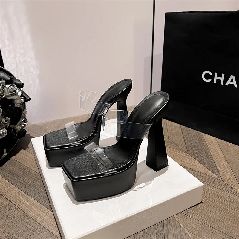 Black White Chunky Platform Slippers Women Street Sexy Square Toe Super High Heels Transparent Shoes Sandals Zapatos Mujer