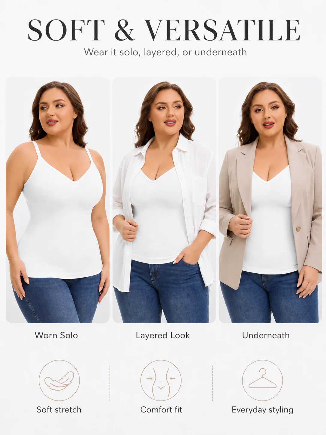 Women's Solid Multi-Color Soft Shaping Camisole Body-Hugging Long Tank Top with Adjustable Straps Breathable ComfortableLingerie