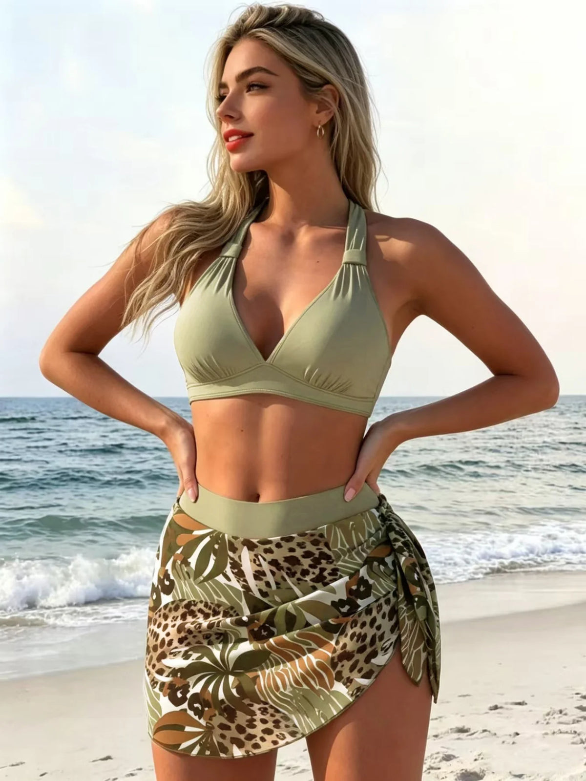 Sexy Green Leopard Print Mesh Skirt 3 Piece Bikini Set 2026 Women Push Up Bra High Waist Swimsuit Beach Bathing Suit Swimwear