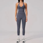 Summer Seamless Yoga Sets Women V Neck Slim Sports Tank Top Fitness Suit Peach Hip High Elasticity Leggings Running Tracksuit