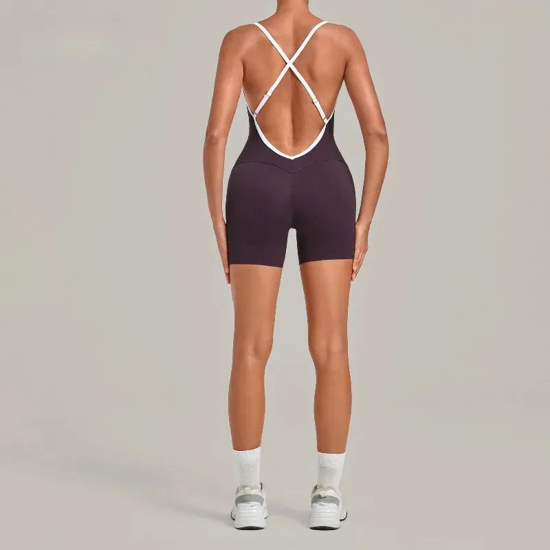 Women's Seamless Yoga Jumpsuits Fitness Sports Gym Hip-lifting Sleeveless One-piece Backless Workout Training Shorts Jumpsuit