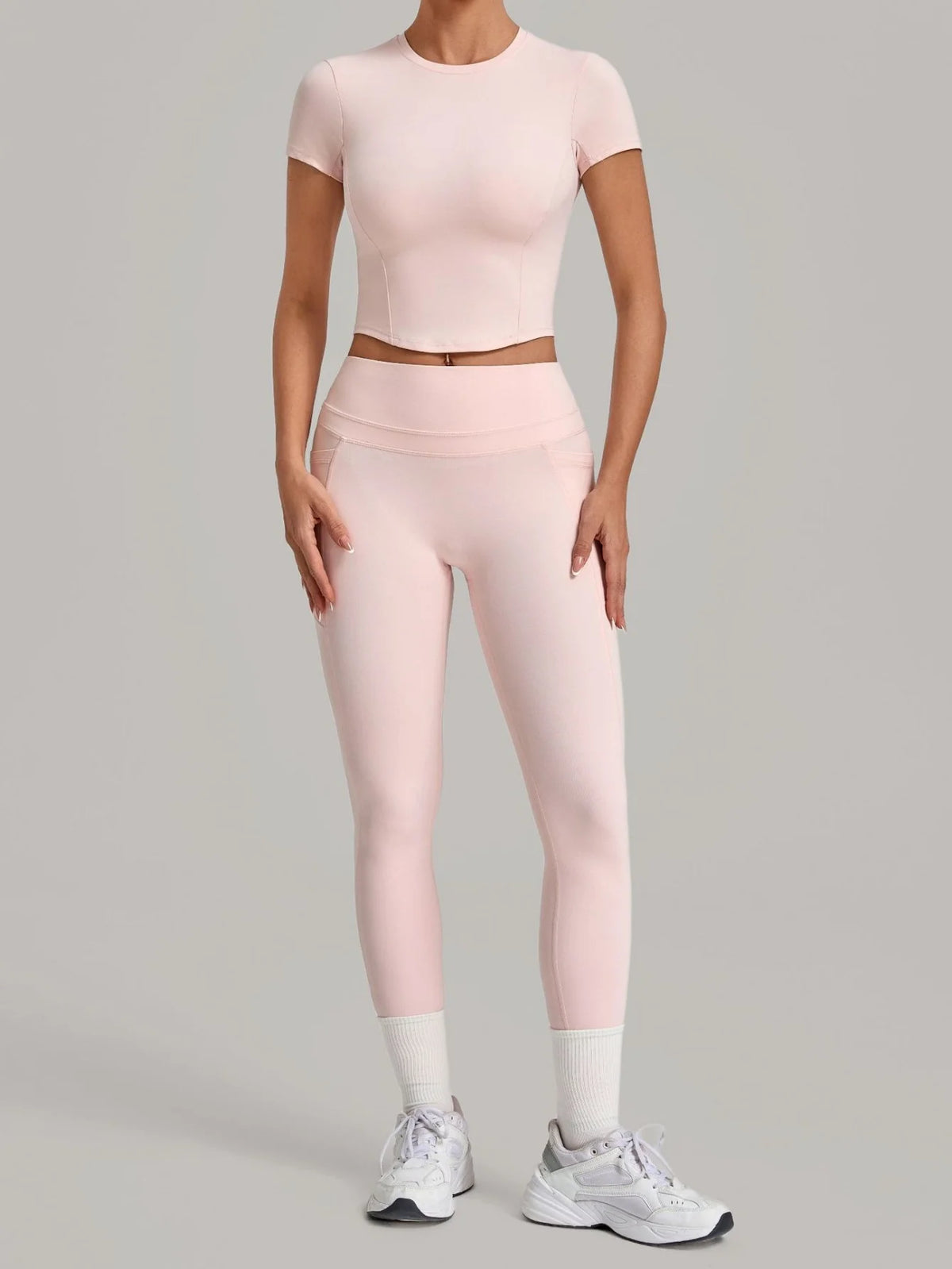 Women Tracksuit Yoga Sets Short Sleeve Slim Sports T Shirts Workout Clothes Outdoor Tight High Waist Pocket Pants Fitness Suits