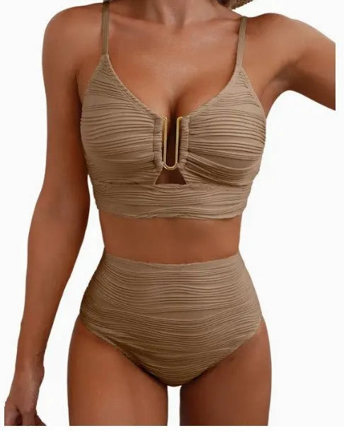 Women's New Swimsuit Bikini Set Fashion Sexy V-neck Hollow Swimsuit High Waist Textured Ruffled Swimsuit Women's Bikini Women
