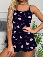 Bow Heart Print Pajamas Set for Women's Sleepwear Backless Crop Top and Shorts, Comfortable Loose Fit Summer Loungewear