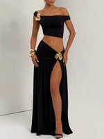 Summer Skirt Set Women Metal Flower Sexy Off Shoulder Slim Crop Top High Slit Skirt Sets Fashion Backless Pleated 2 Piece Suits