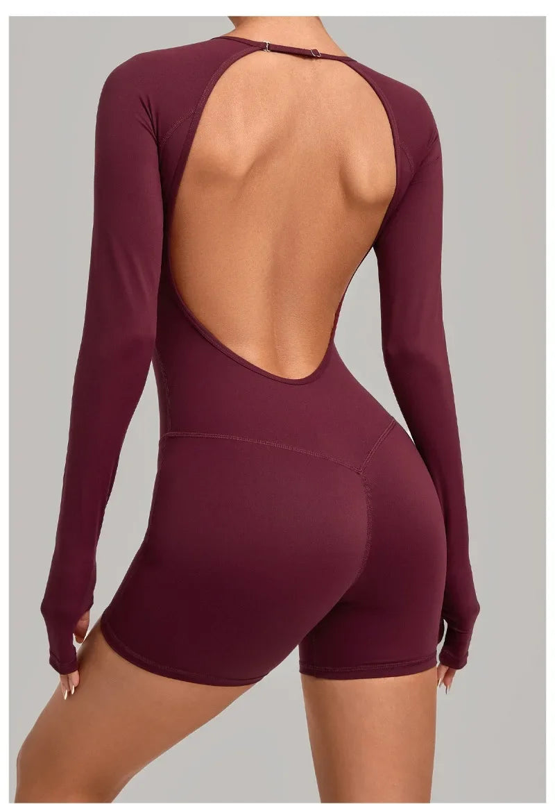 Women's Yoga Jumpsuits Sports Fitness Hip-lifting Long-sleeved Backless Running Training Workout Gym Shorts One-piece Bodysuits