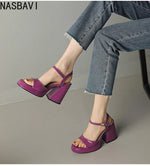 NASBAVI Women Patent Leather Sandals Super Chunky High Heeled Ankle Buckle Shoes Platform Summer Thick Heel Sandal Ladies 35-43