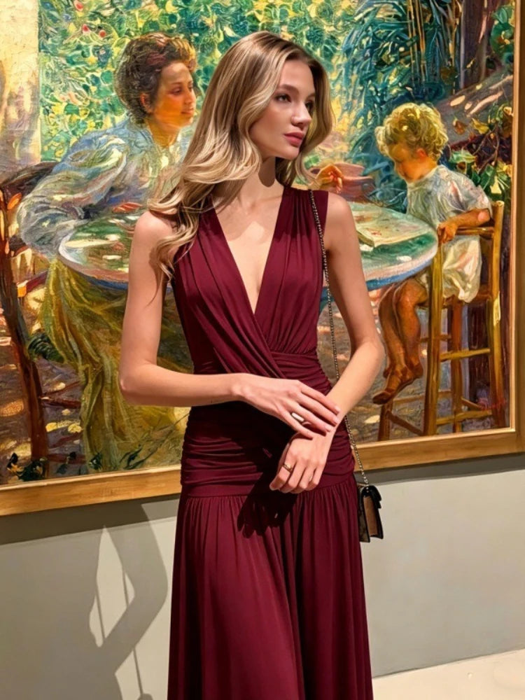 FDYOUI Womens Chic V-neck Sleeveless Pleated Long Maxi Holiday Dress Ladies Summer High Waist Tunics Solid Evening Party Dresses