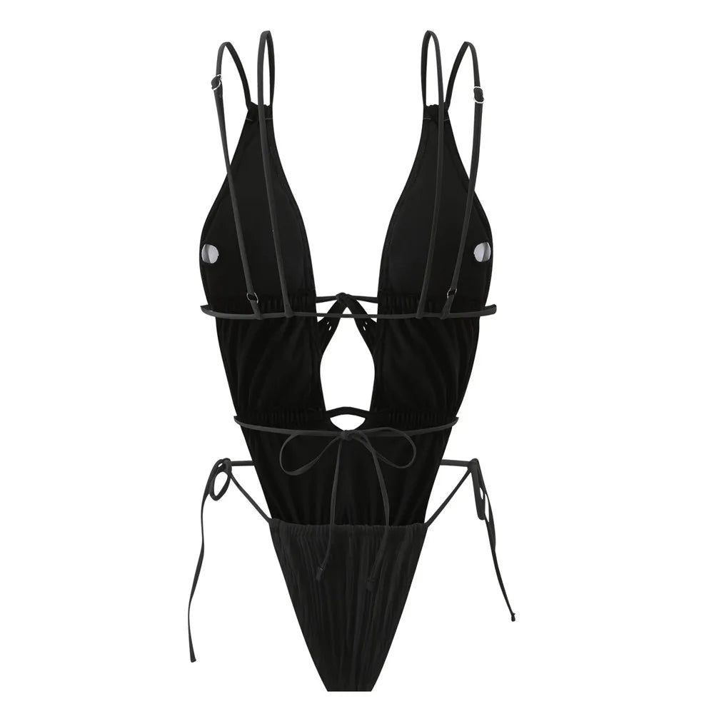 Sexy Backless One Piece Swimsuit Woman 2026 String Texture Swimwear Hollow Out Monokini High Cut Bathing Suit Deep V Neck Bather