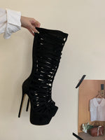 2025 New Summer Open Toe Women Knee High Boots Sandals Design Style Narrow Band Thin High Heels Zipper Party Shoes