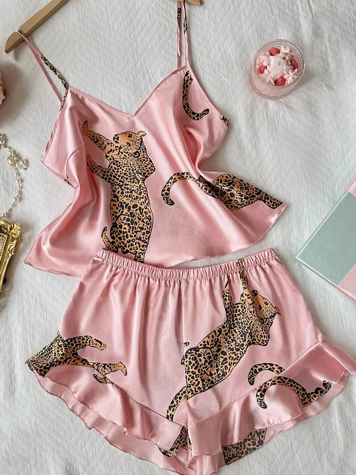 Women's Two Piece Pajama Set Leopard Print Ruffle Cami Top with Shorts Sleepwear Loungewear