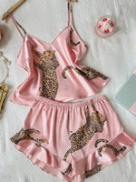 Women's Two Piece Pajama Set Leopard Print Ruffle Cami Top with Shorts Sleepwear Loungewear