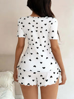 Women's Sleepwear Pajama Set Top and Shorts 2-piece Pajama Set Love Printed Lapel Bow Women's Loungewear