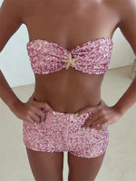 Women's Sequined Outfit Strapless Bra Tops and Slim Fit Shorts 2 Pcs Set for Spring Summer