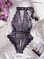 S-4XL Sexy Crotchless Halter Lingerie Women Lace Hollow Transparent Curvy Erotic Bodysuit Deep V Open Bra Underwear Set Babydoll
