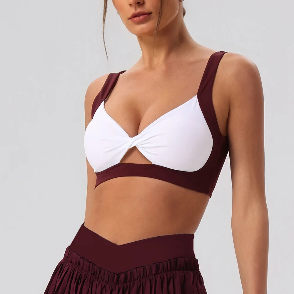 Sexy Detachable Sports Bra Women Color Contrast Hollow Out Front Twisted Gym Workout Yoga Underwear Athletic Training Crop Top