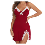Women's Lace Trim Mini Nightgown Purple Spaghetti Strap Bodycon Sleep Dress with Bow Side Slit Summer Sleepwear