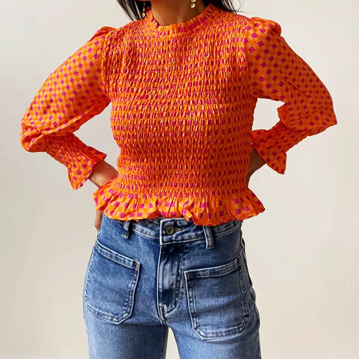 Women Fashionable Casual Round Neck Smocked Bubble 3/4 Sleeve Tops Summer Fall Plaid Print Ruffled T-shirts