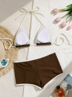 New Coffee Patchwork Two Piece Bikini Set 2026 Women Halter Push Up Bra High Waist Swimsuit Summer Holiday Bathing Suit Swimwear