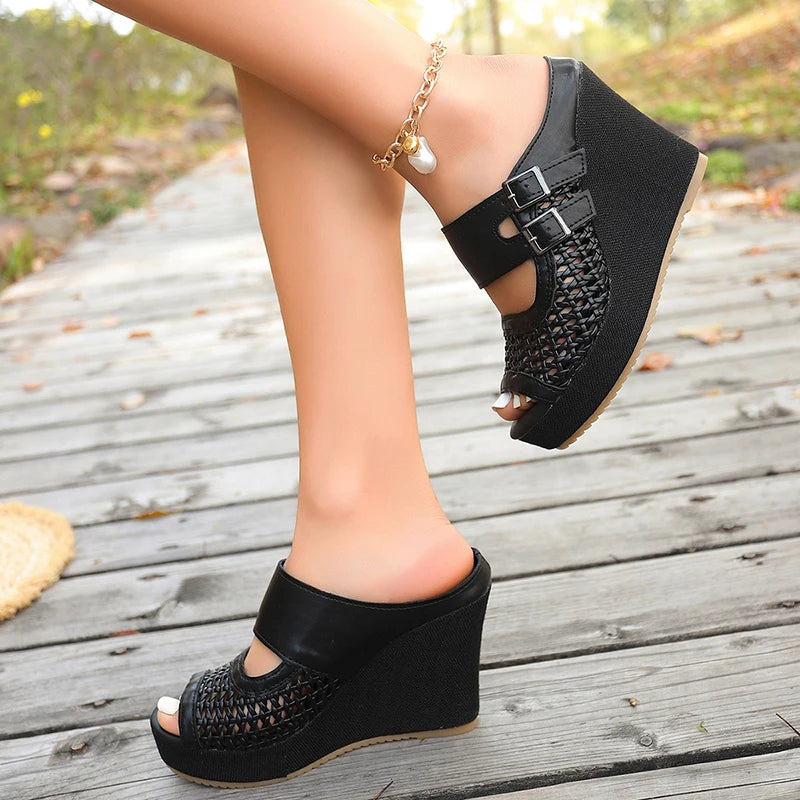 Hollow Out Chunky Wedges Sandals Women Fashion Buckle Peep Toe Super High Heels Sandals Woman Plus Size 43 Platform Slippers