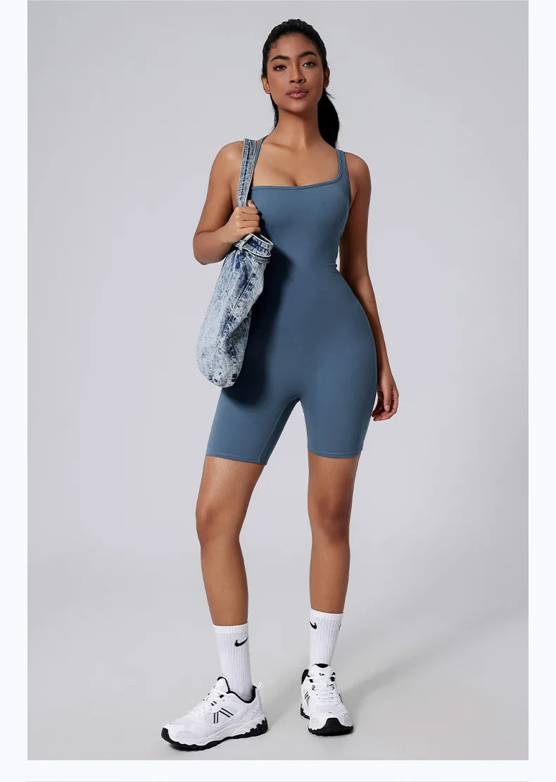 Sexy Fitness Yoga Jumpsuit Women Sleeveless Slim Playsuit Pleated Hollow Running Scrunch Shorts Romper One Piece Sports Suit