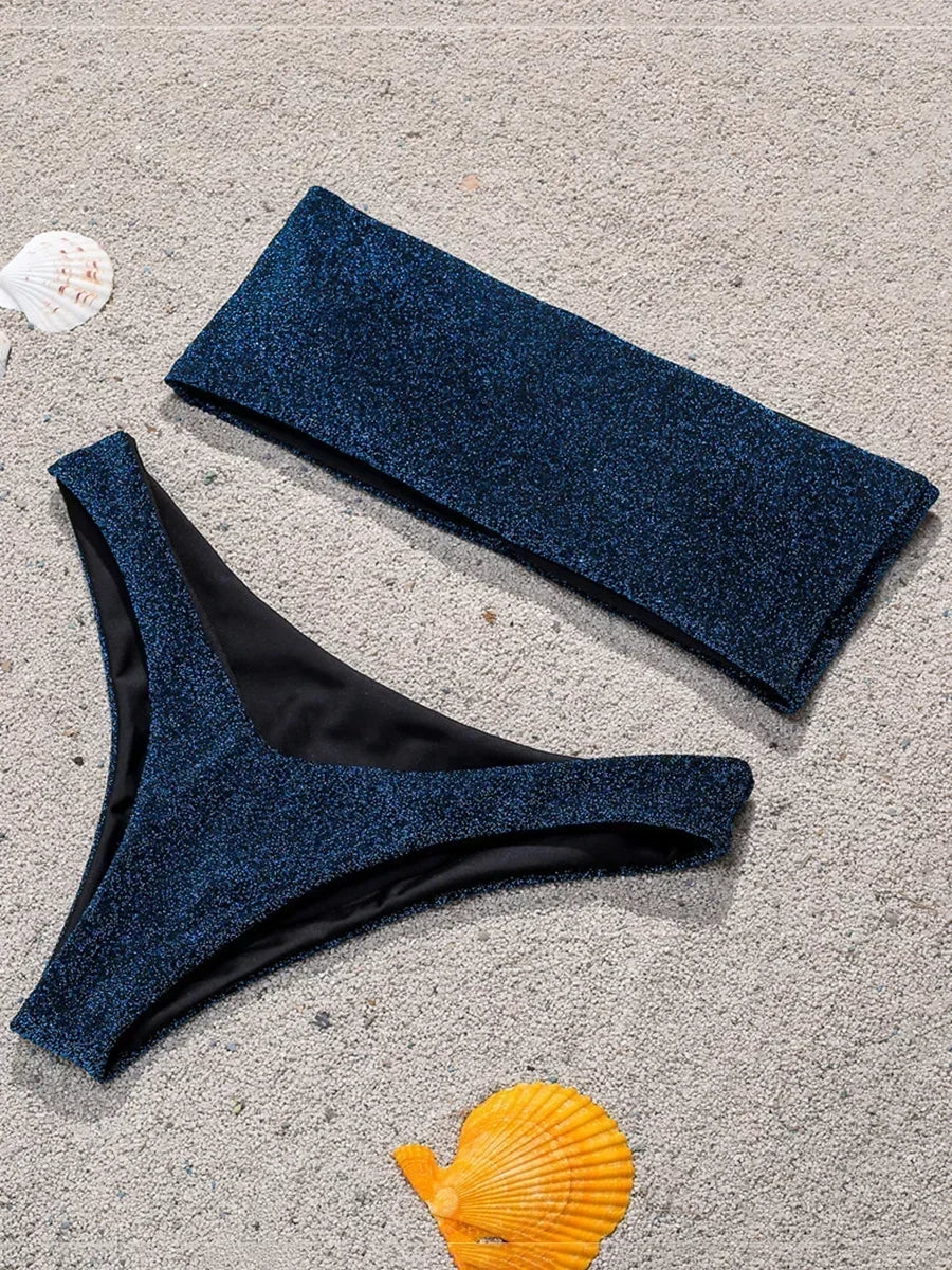 2025 Shiny Sparkling High Waist Bikini Women Bandeau Swimsuit Female Swimwear Two Pieces Bikini set High cut Bathing Suit Swim