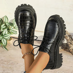 Women Crocodile Pattern Lace‑Up Oxford Shoes Faux Leather Lug‑Sole Platform Round‑Toe Vintage Casual Business Daily Shoes