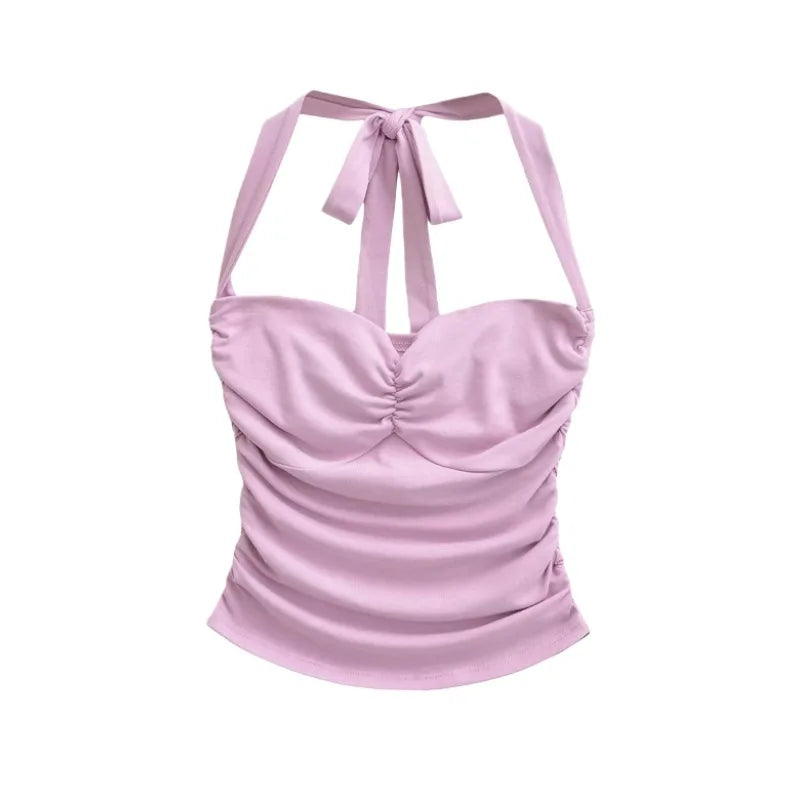 New Women's Fashion Sexy Backless Halter Neck Tie-up Ruched Tube Top Ultra-short Camisole Top In Solid Color Pure Desire F1MR
