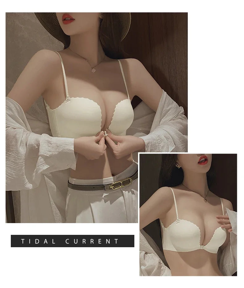 Front Button Underwear Women's Small Chest Pull Up To Show Large Summer Thin Collection Breast Anti-sag White Thin Strap Bra