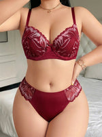 Plus Size Wine Red Lace Bra Set Soft Underwire Push Up Gather Uplift Anti Sagging Sexy Lingerie 2 Piece Panty Set