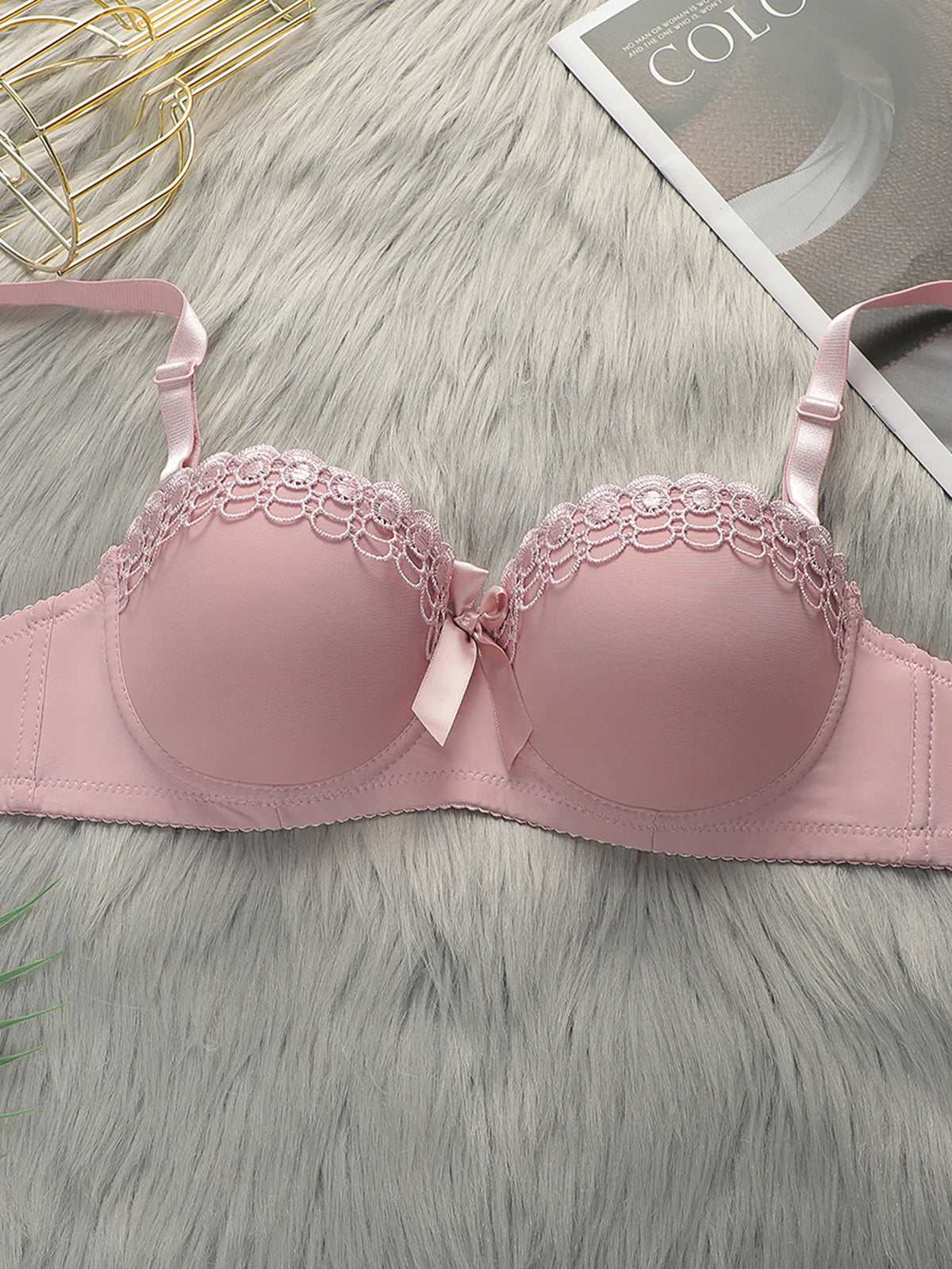 High Quality Pink Heavy Duty Lace Design Underwear Bow Daily Push Up Bra Sexy Lingerie Women With Steel RingJ1903