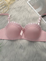High Quality Pink Heavy Duty Lace Design Underwear Bow Daily Push Up Bra Sexy Lingerie Women With Steel RingJ1903