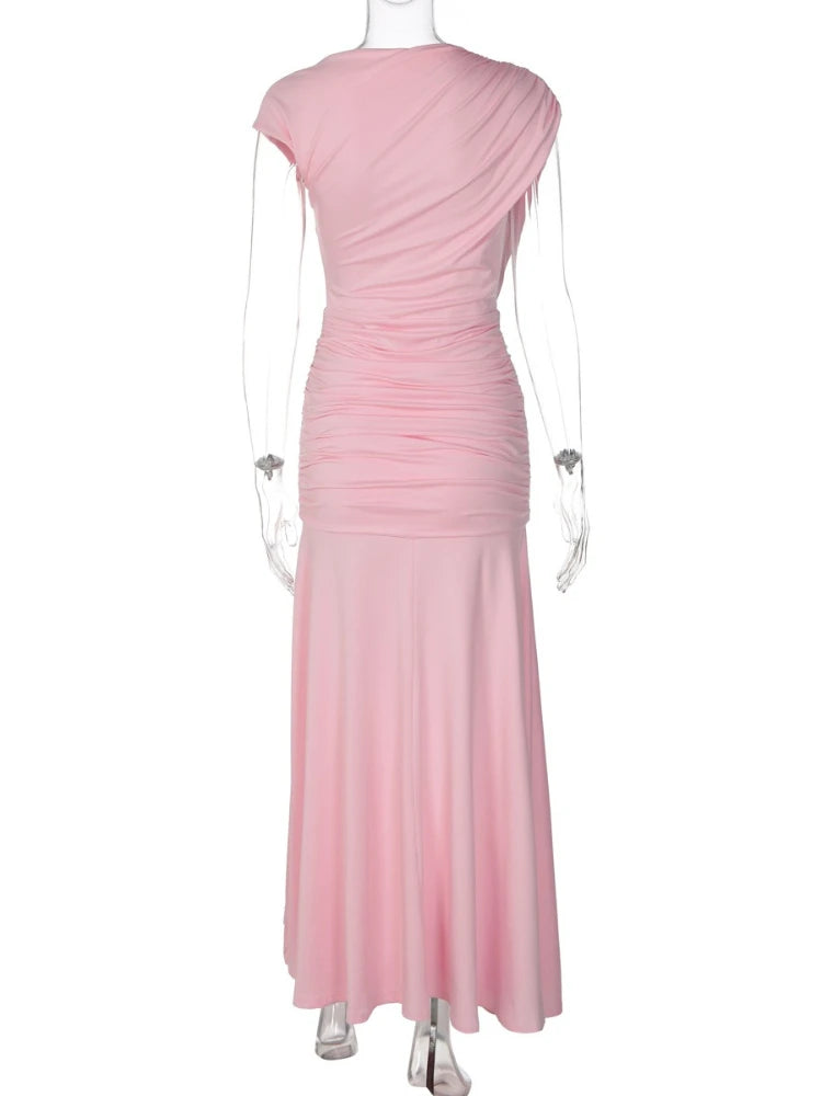 FDYOUI 2026 Summer Diagonal Collar Sleeveless Birthday Dress Women Sexy Tunics Pleated Solid Long Party Dresses Pink Black Gown