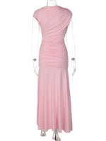 FDYOUI 2026 Summer Diagonal Collar Sleeveless Birthday Dress Women Sexy Tunics Pleated Solid Long Party Dresses Pink Black Gown
