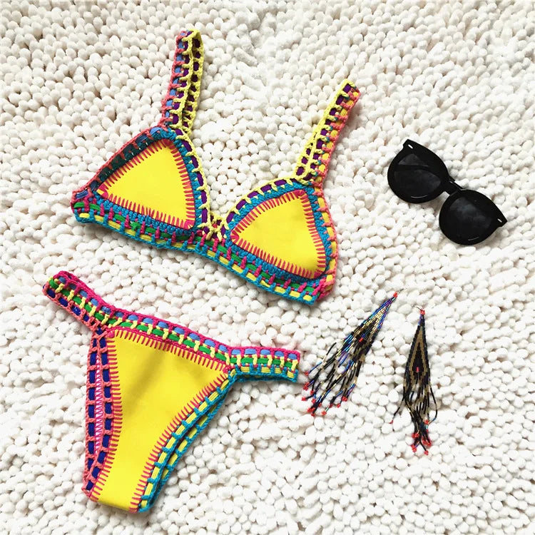 Bikini Crochet 2026 Handmade Knit Patchwork Reversible 2 Piece Swimsuit Women Halter Top Brazilian Bathing Suit Thong Swimwear