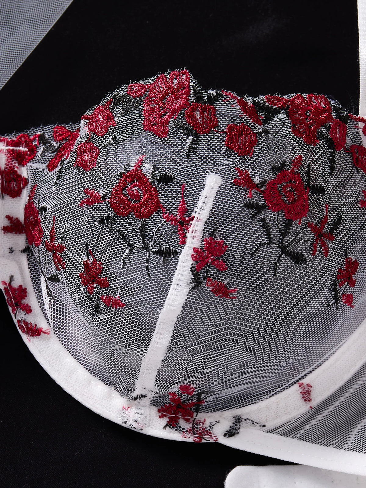 White romantic rose embroidery lace lingerie set - Large size sexy transparent netting gathering bra set ZA825026