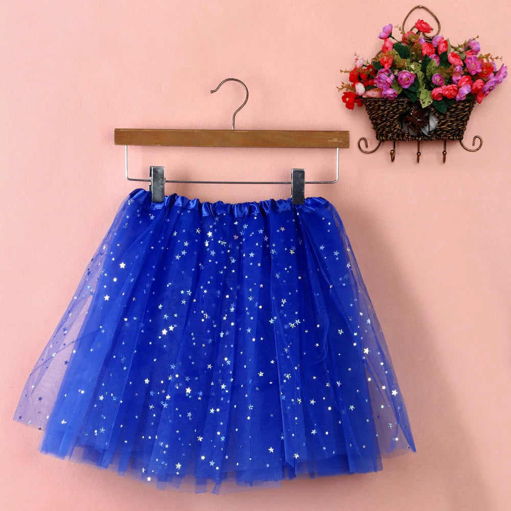 Womens Summer New Tulle Tutu Skirt Elastic Waist Silver Star Print Layered Mesh Mini Skirt Fluffy Carnival Party Dance Skirts