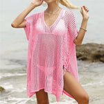 Short Sleeve V Neck Hollow Out Crochet Knitted Tunic Beach Dress Beach Wear Beachwear Beach Cover Up Cover-upsFemale Women V8061