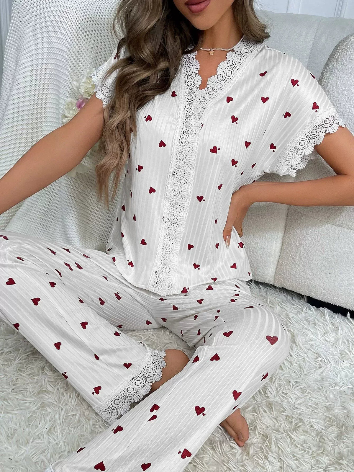 Women Sleepwear Black Lace Trim Cherry Print 2 Piece Pajamas Set Short Sleeve Top & Full-Length Pants Homewear